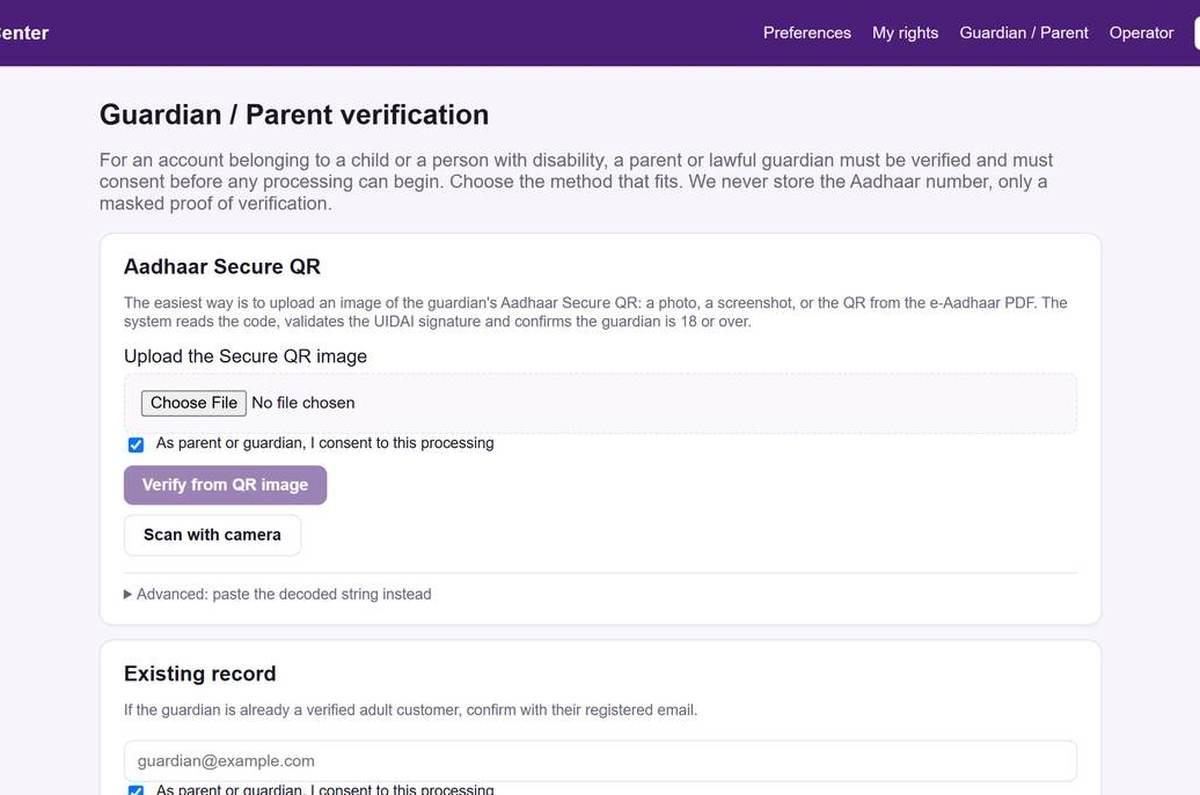 Guardian verification by Aadhaar Secure QR, existing adult record, DigiLocker or guardianship order. No Aadhaar number is stored.