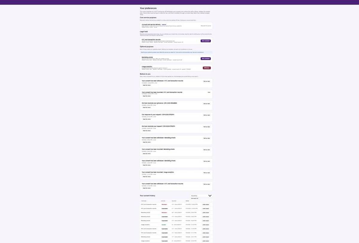 A data principal's preference centre: every purpose with its deletion policy, retention and consent record version, and the full consent history with receipts.