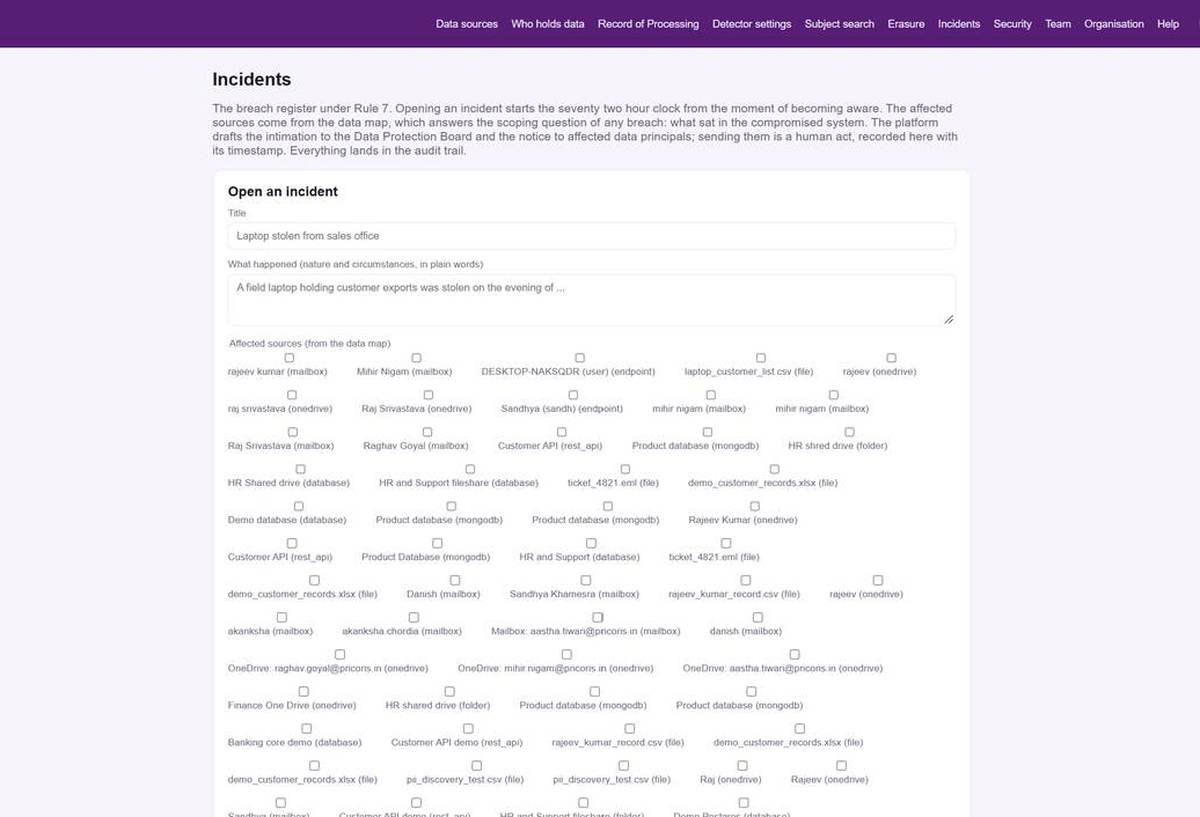 Incidents: affected sources chosen from the data map, so the breach is scoped from evidence.